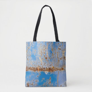 Rusty metal texture, blue scratchy decor. tote bag