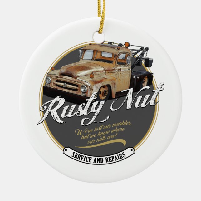 Rusty Nut Towing Ceramic Tree Decoration (Front)