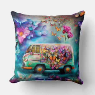 Rusty old Combi Van with Flowers Butterflies Cushion