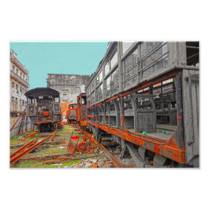 Rusty old locomotives and train wagons photo print