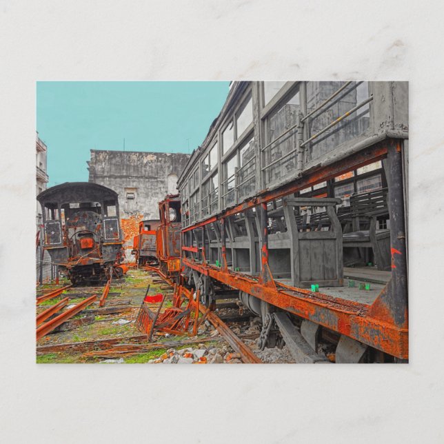 Rusty old locomotives and train wagons postcard (Front)