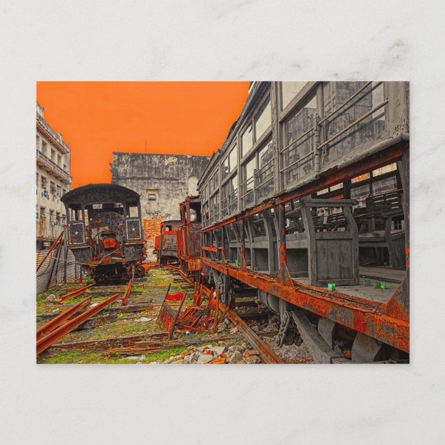 Rusty old locomotives and train wagons postcard (Front)