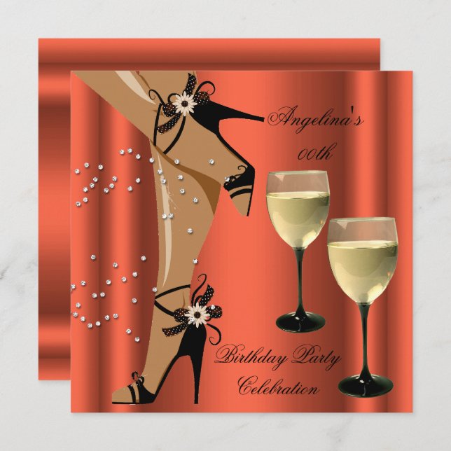 Rusty Orange Black Shoes Wine Glass Birthday Party Invitation (Front/Back)