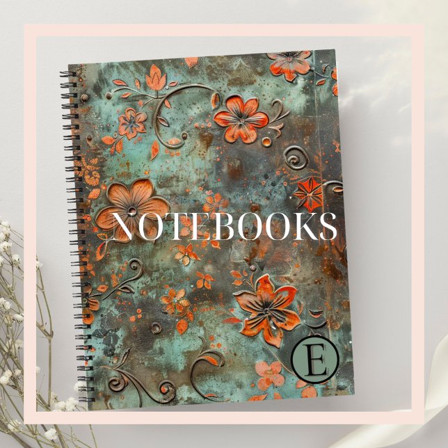 Rusty Orange Raised Floral Spiral Notebook (METALLIC DUSKY BLUE & TANGERINE CUSTOM NOTEBOOK)