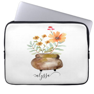 Rusty Pink Rose Flowers Trendy Script Name Laptop Sleeve