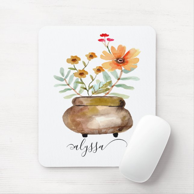 Rusty Pink Rose Flowers Trendy Script Name Mouse Mat (With Mouse)