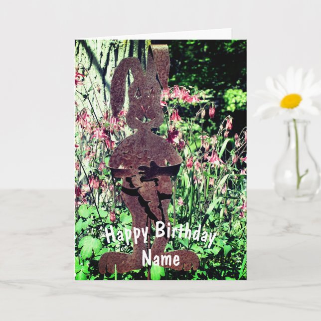 Rusty Rabbit Flower Garden Personalised Birthday  Card (Small Plant)