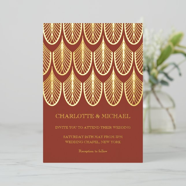 Rusty red Art Deco Vintage gold Foil Invitation (Standing Front)