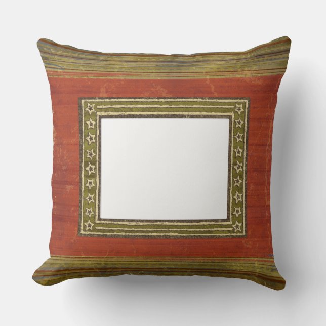 Rusty Red Green Stars Frame Throw Pillows (Front)