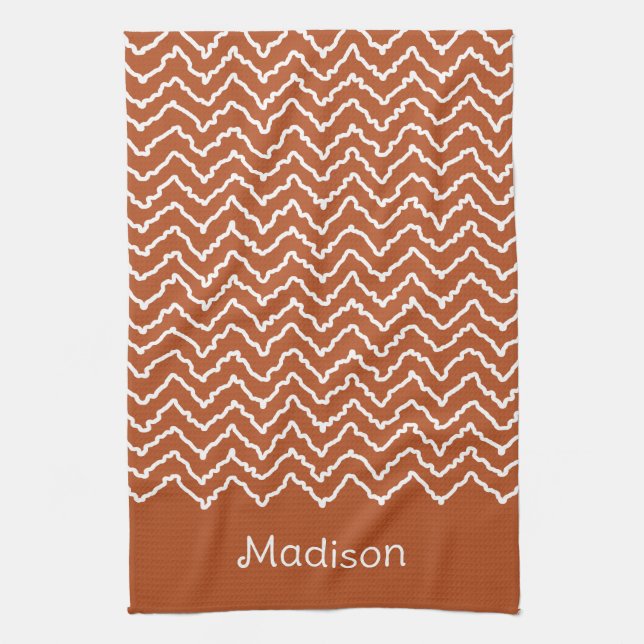 Rusty Red Terracotta Squiggly Chevron With Name Tea Towel (Vertical)