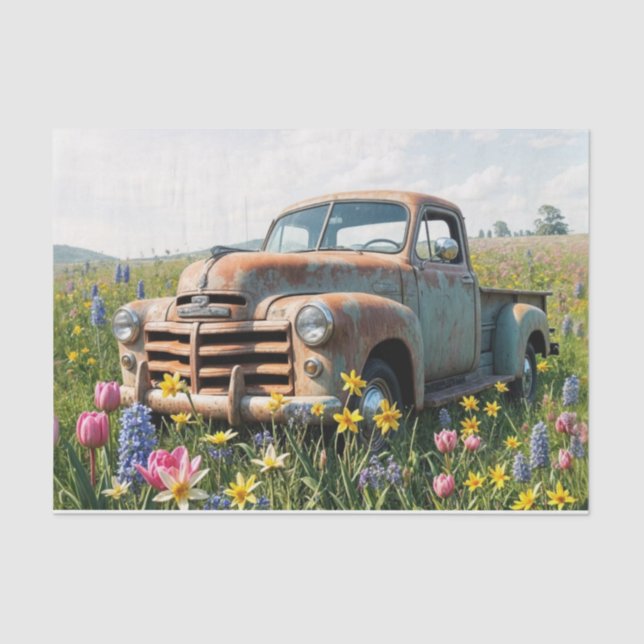 Rusty Spring Truck in a Field Decoupage  Tissue Paper (Front)