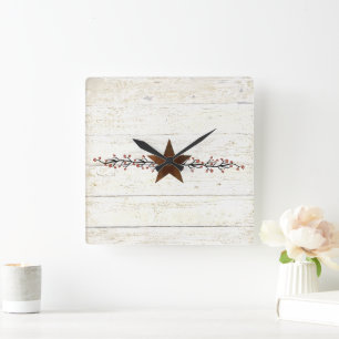 Rusty star and berries square wall clock