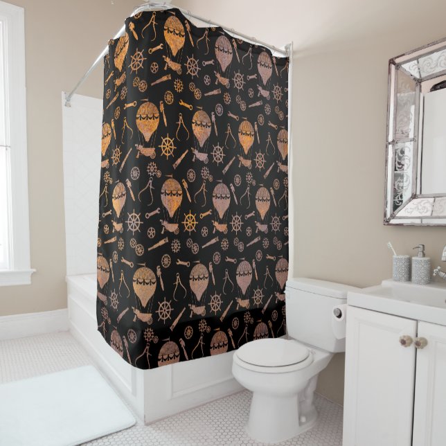 Rusty Steampunk Balloon Theme Shower Curtain (In Situ)
