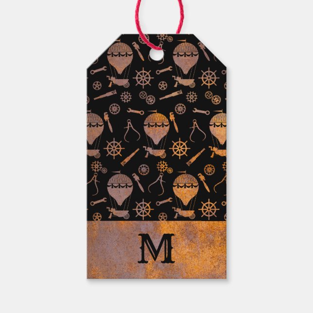 Rusty Steampunk Balloons Monogram Gift Tags (Front)