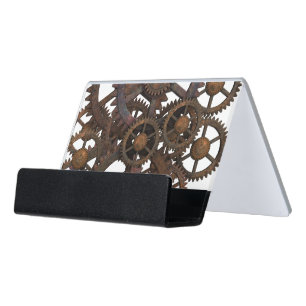 Rusty Steampunk Metal Gears Desk Business Card Holder