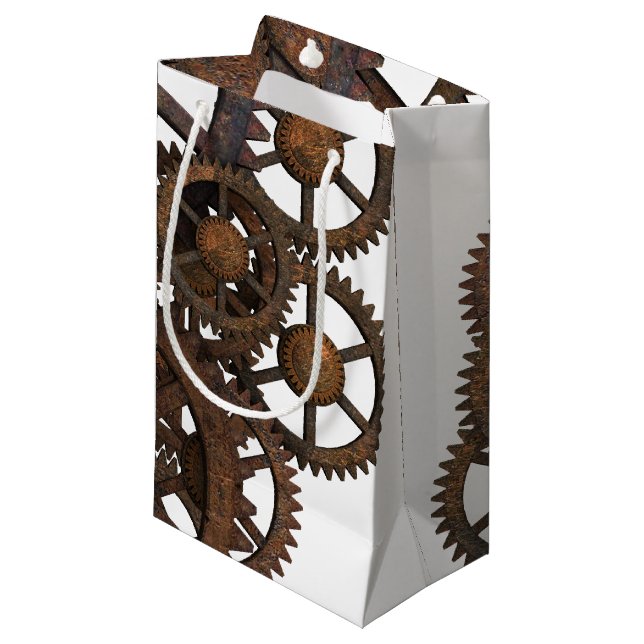 Rusty Steampunk Metal Gears Small Gift Bag (Front Angled)