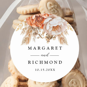 Rusty Terracotta Peony Floral Wedding Classic Round Sticker