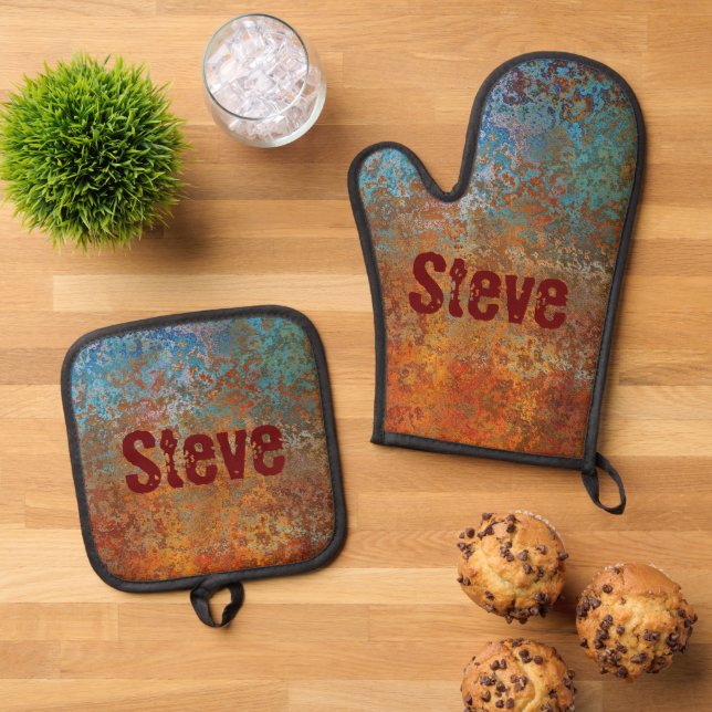 Rusty, Verdigris, Grunge Steampunk Personalised Oven Mitt & Pot Holder Set (Top Down)