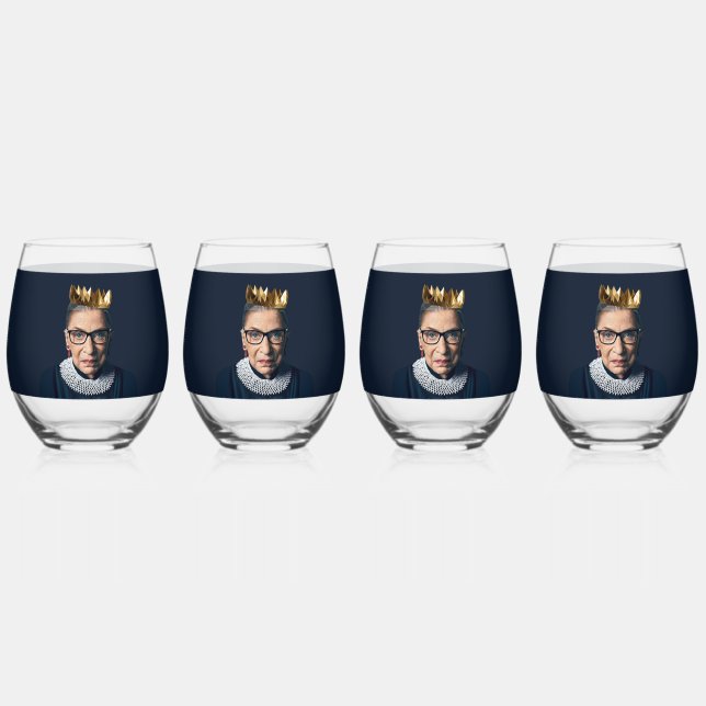 Ruth Bader Ginsburg with Gold Crown   Stemless Wine Glass (Front)