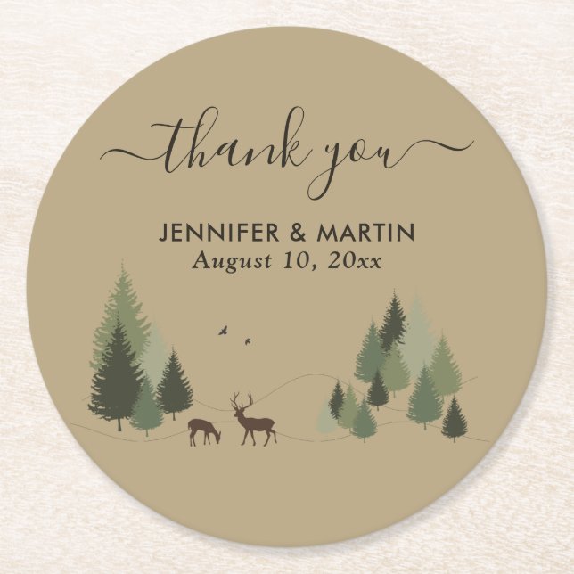 Rutic Forest Wedding Paper Coaster Doe and Buck (Front)