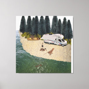 RV Camper in the Forest by the water Canvas Print