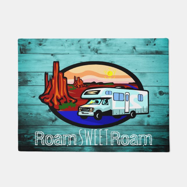 RV Camper Motorhome Wanderlust Desert Teal Wood Doormat (Front)