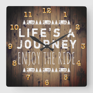 RV Camper Travel Quote Rustic Wood Square Wall Clock