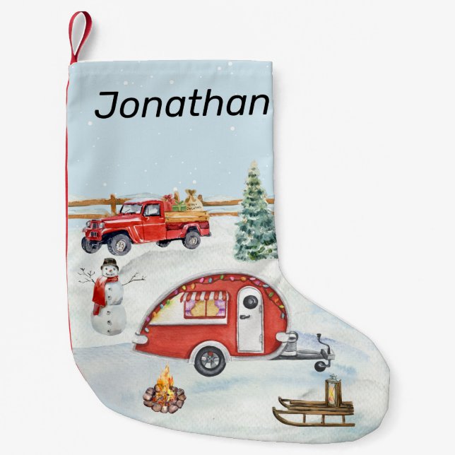 RV Camping Camper Snow Winter Christmas  Small Christmas Stocking (Front)