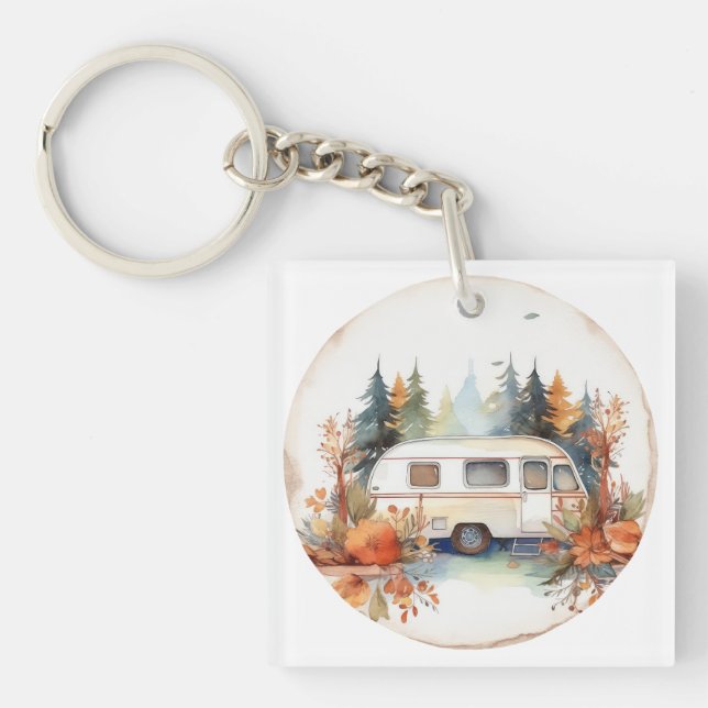 RV Camping in the Woods, RV camper Key Ring (Front)