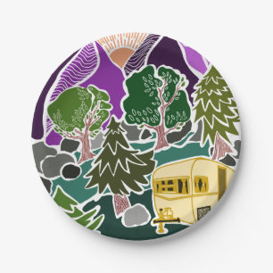 RV Camping Mountain Sun Scene Paper Plate