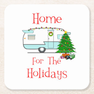 RV Home For The Holidays Square Paper Coaster