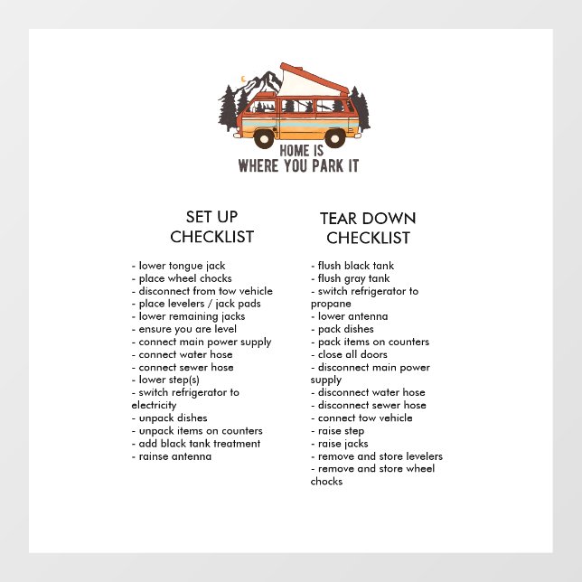 RV Trailer Editable Set Up and Tear Down Checklist Window Cling (Sheet)