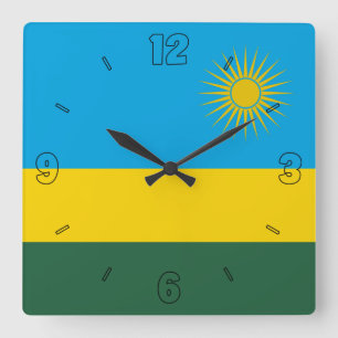 Rwanda Flag Green Blue Yellow Sun Numbers Square Wall Clock