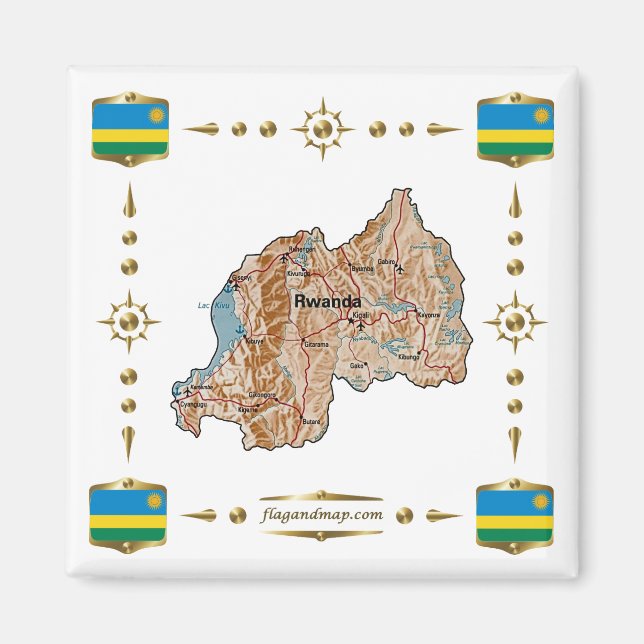 Rwanda Map + Flags Magnet (Front)