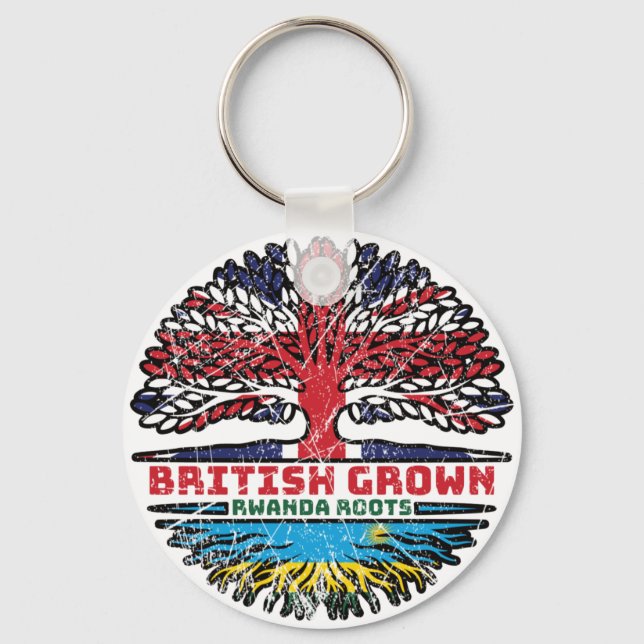 Rwanda Rwandan British UK Tree Roots Flag Key Ring (Front)