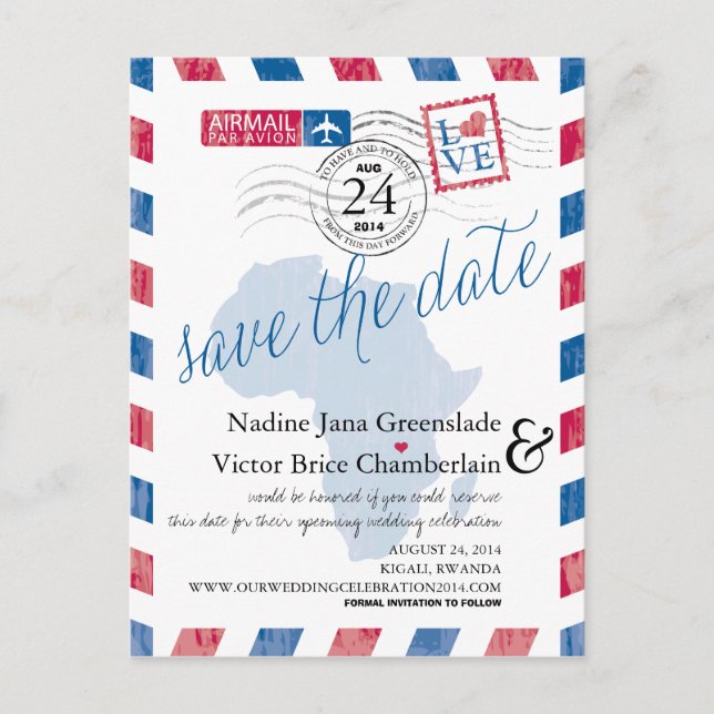 Rwanda South Africa Airmail Wedding Save The Date Announcement Postcard (Front)