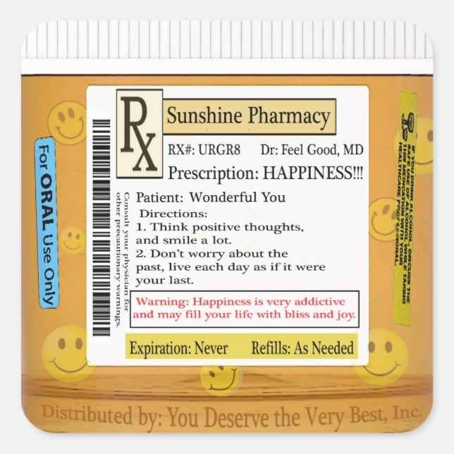 RX Funny Happiness Prescription Square Sticker (Front)