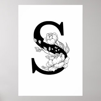 S botanical monogram. Letter initial with peonies Poster