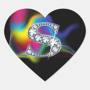 "S" Diamond Bling on Rainbow Swirl Heart Sticker