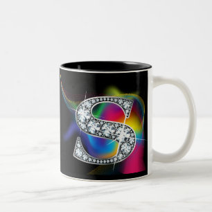 "S" Diamond Bling on Rainbow Swirl Mug