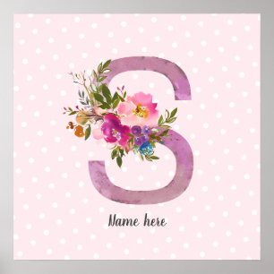 S, Floral Monogram initial , watercolor flower Poster