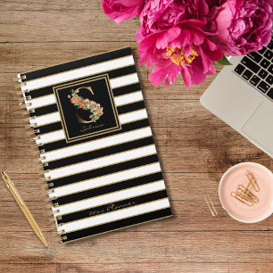 S Gold Floral Monogram Black White Gold Stripes Planner