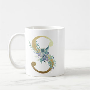 S, golden initial with blue floral foliage coffee mug