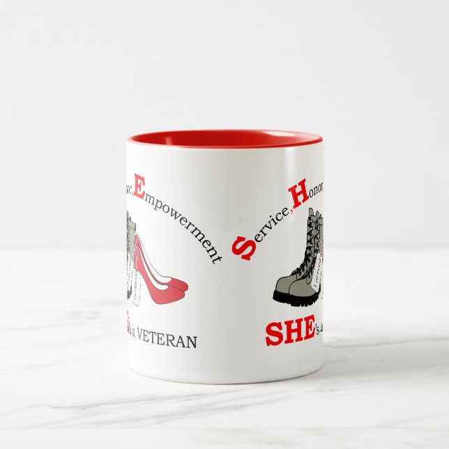 S H E is a Veteran Two-Tone Coffee Mug (Center)