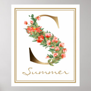 S Letter Gold Monogram Orange Flowers Poster
