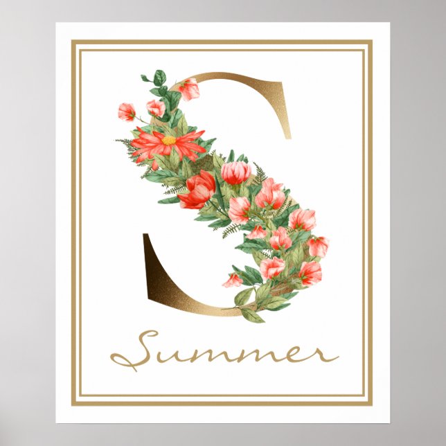 S Letter Gold Monogram Orange Flowers Poster (Front)