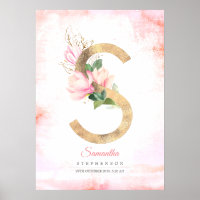 S Letter Monogram Gold Leaves Pink Magnolia Floral