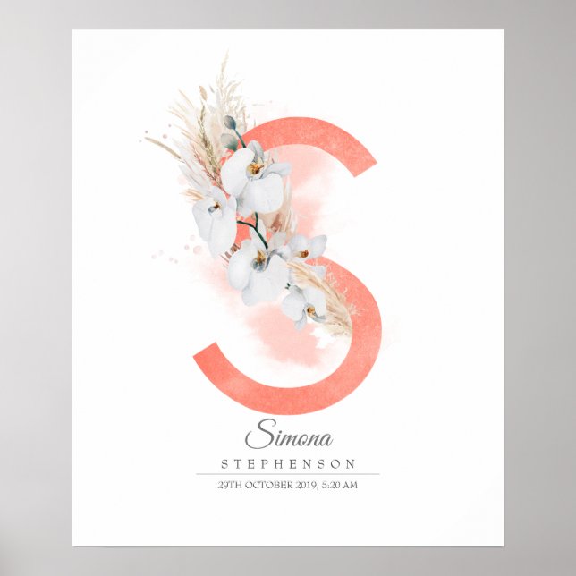 S Letter Monogram White Orchids and Pampas Grass Poster (Front)