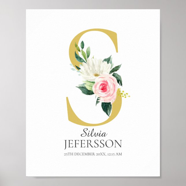 S Letter Monogram with Flowers Poster (Front)