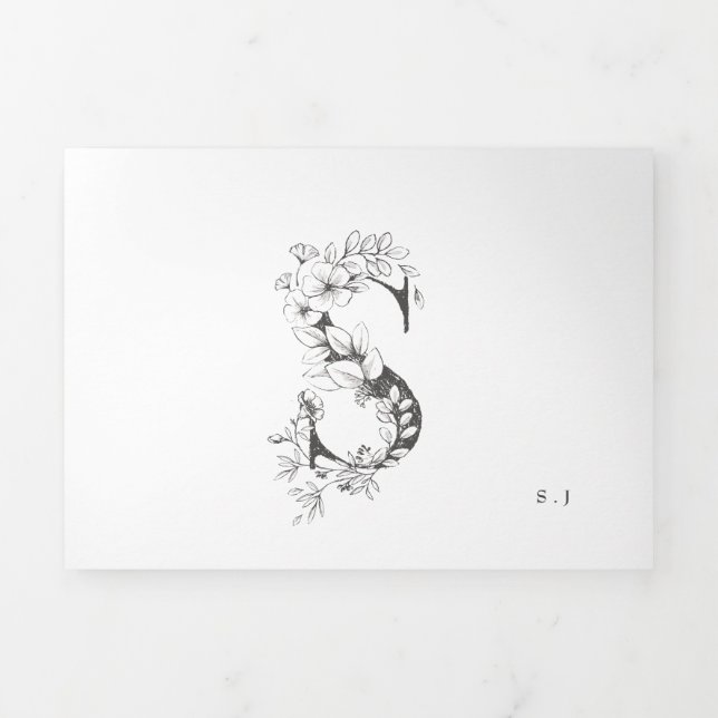 'S' Monogram Beautiful Sketched Floral Wedding Tri-Fold Invitation (Cover)